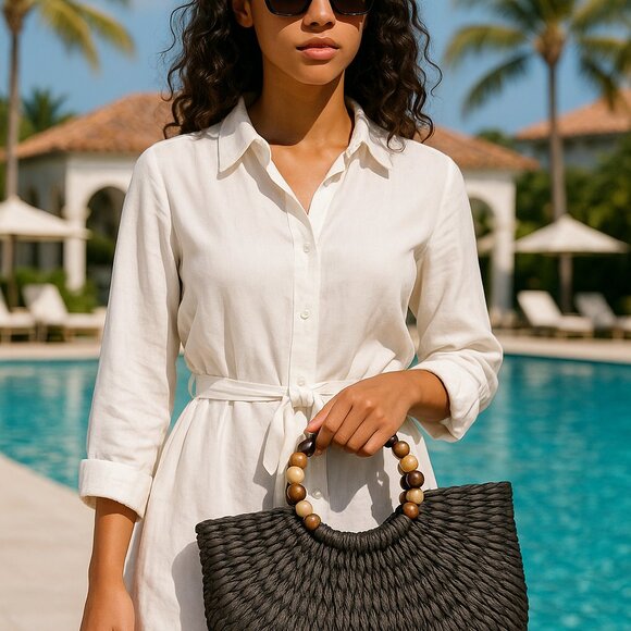 Handmade Woven Straw Bag with Wooden Bead Handles | Vacation Beach Bag| Gift - Picture 10 of 10